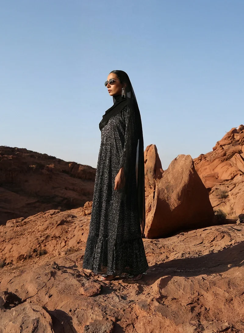 Black Textured Abaya with Hijab